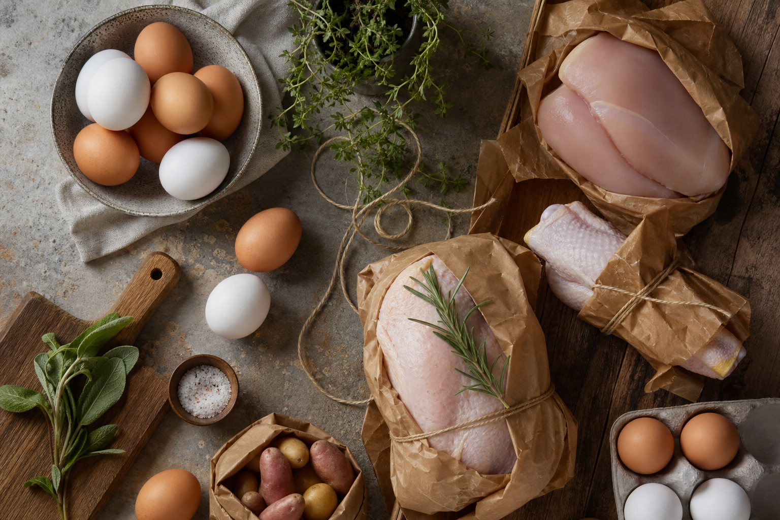 Huevos, aves y productos de granja preparados para la venta